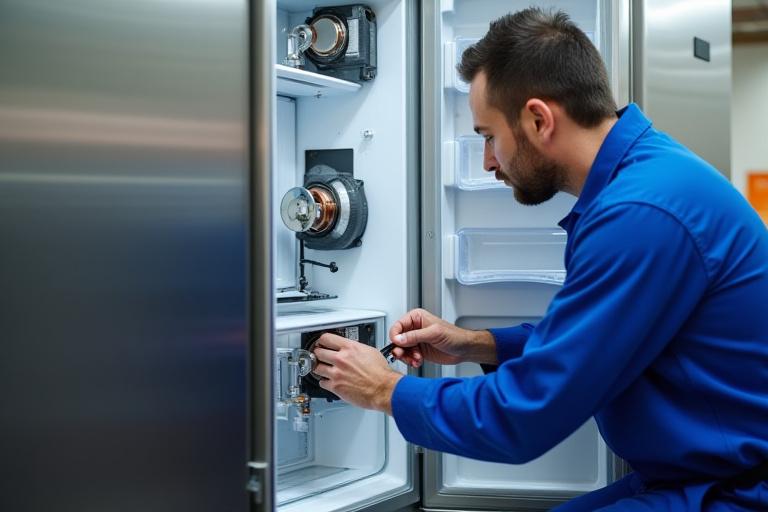 Técnico reparando el interior de un refrigerador moderno, enfocándose en los componentes del sistema de enfriamiento.